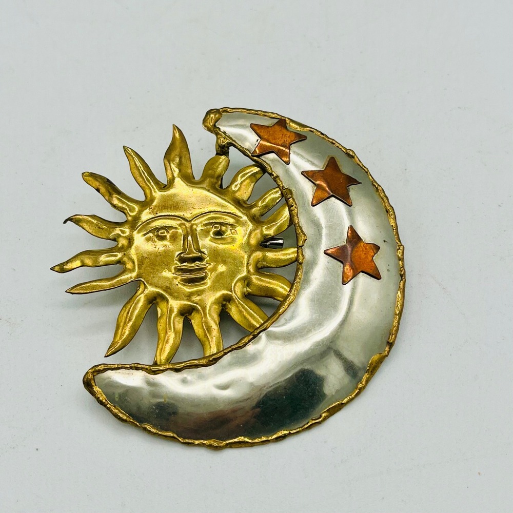 Vintage Celestial Sun Moon Mixed Metal Brooch Pin Gold Silver Copper Pendant